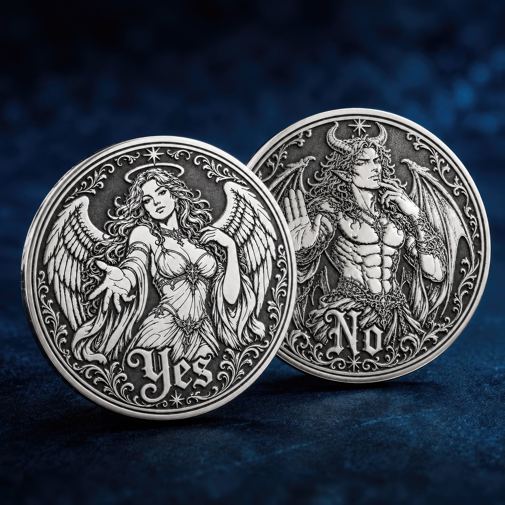 Double-sided angel demon decision coin with Yes and No sides for oracle-style choices