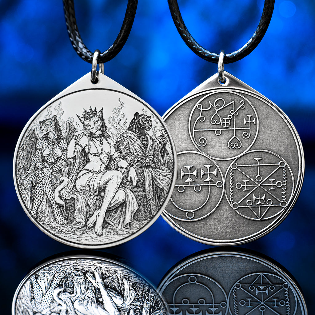 Feline Goetic Trinity pendant featuring detailed engravings of Sitri, Ose and Beleth as feline demons. Silver-tone occult necklace with Ars Goetia artwork on a black cord against a deep blue background.