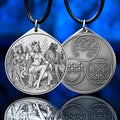 Feline Goetic Trinity pendant featuring detailed engravings of Sitri, Ose and Beleth as feline demons. Silver-tone occult necklace with Ars Goetia artwork on a black cord against a deep blue background.
