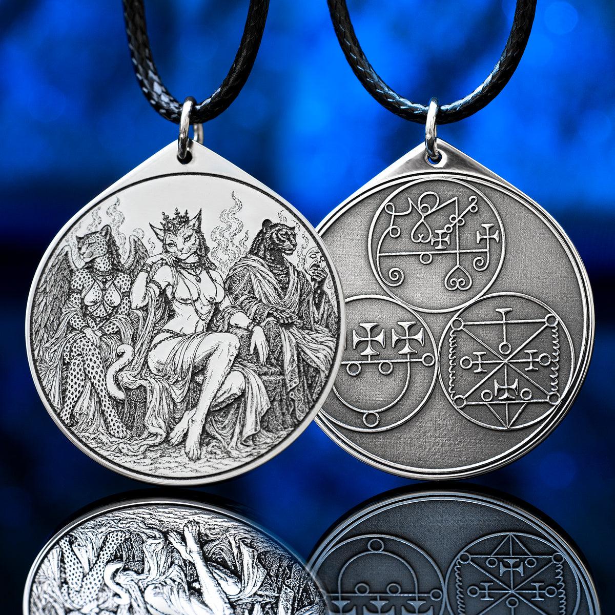 Feline Goetic Trinity pendant featuring detailed engravings of Sitri, Ose and Beleth as feline demons. Silver-tone occult necklace with Ars Goetia artwork on a black cord against a deep blue background.