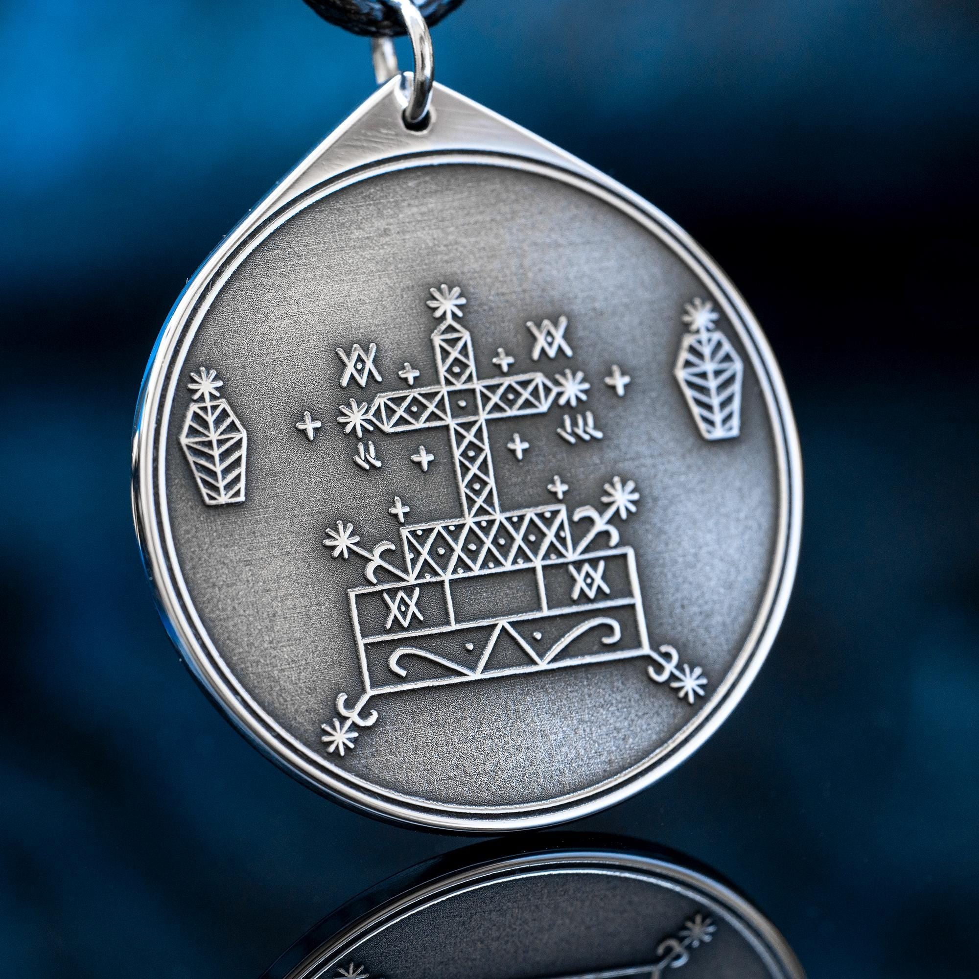 Baron Samedi Veve Amulet Pendant: Vodou Loa Seal, Stainless Steel
