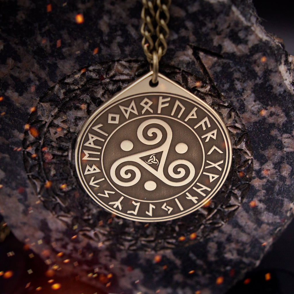 Triskele Triple Spiral Triskelion symbol in Rune Circle, Viking amulet, Scandinavian pendant, occult magic pagan talisman celtic amulet