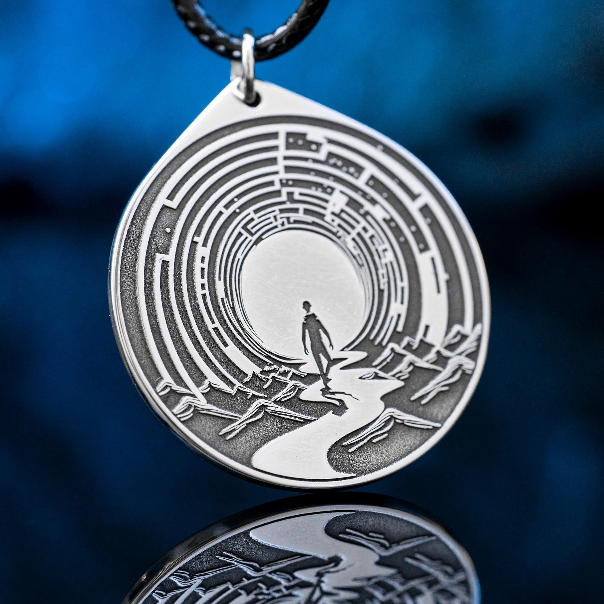 Labyrinth of Life Stainless Steel Amulet Pendant: Kabbalah Occult Talisman