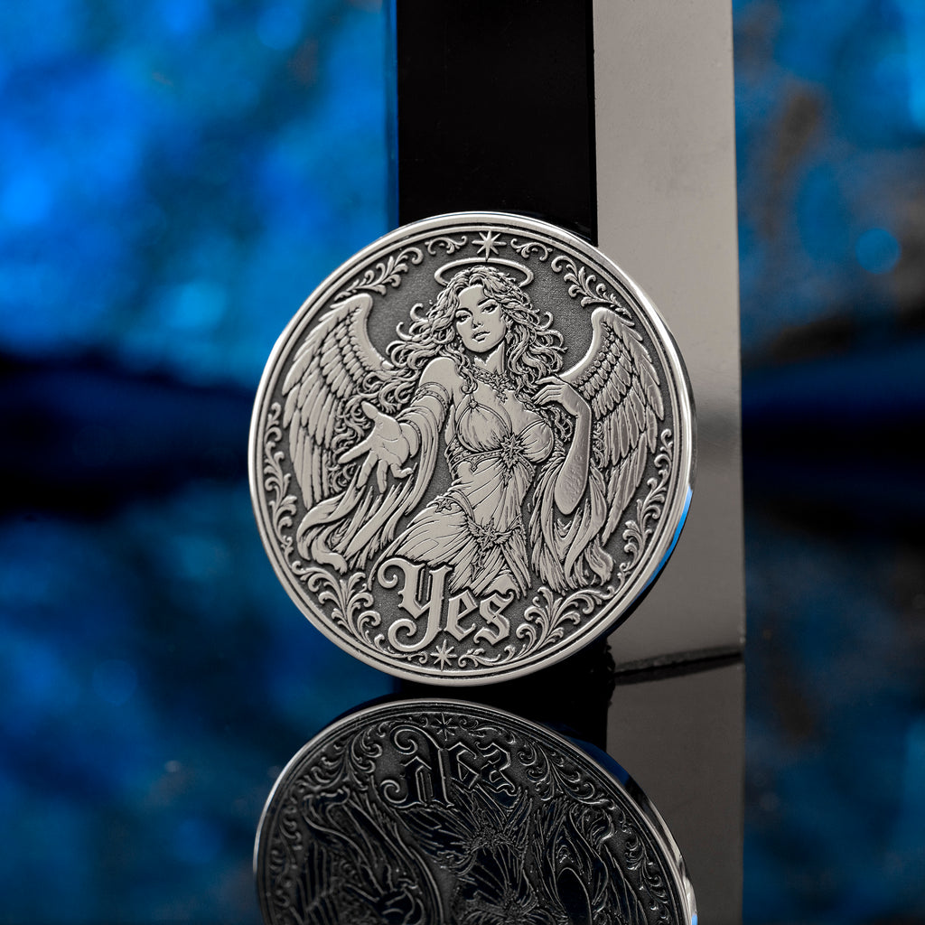 Double-sided angel demon decision coin with Yes and No sides for oracle-style choices