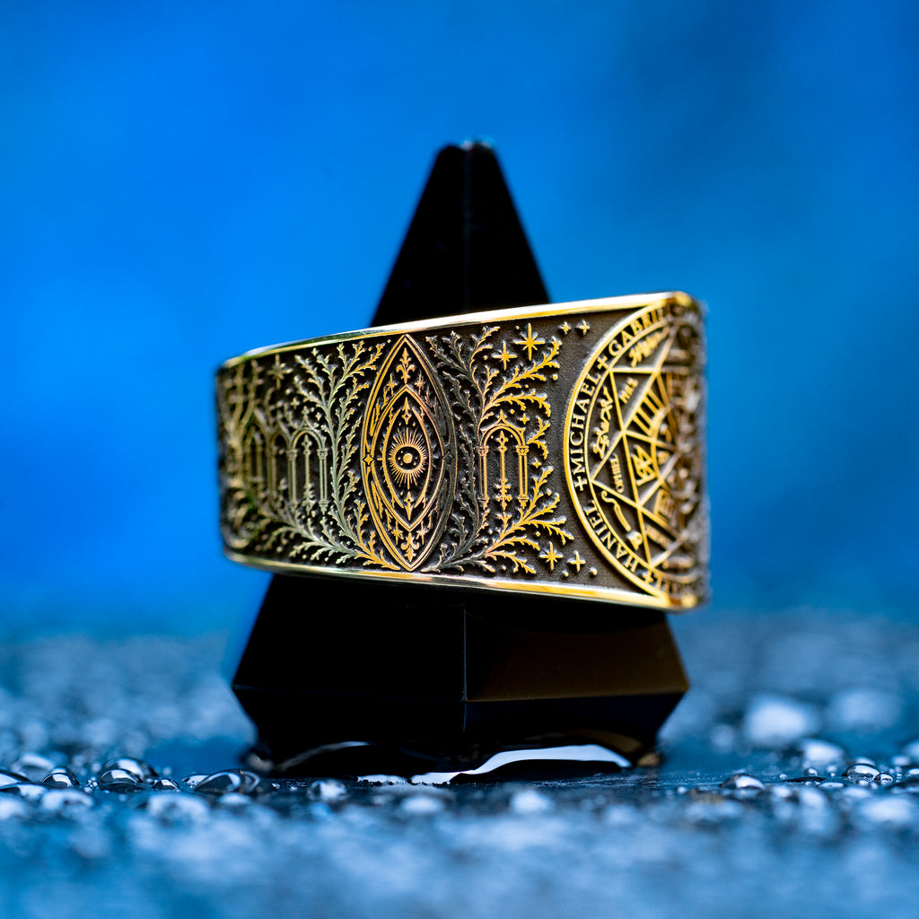 Celestial archangel seal ring with an angelic portal design and thorned vines, inspired by guardian angels, occult talismans, and the path through thorns to the stars