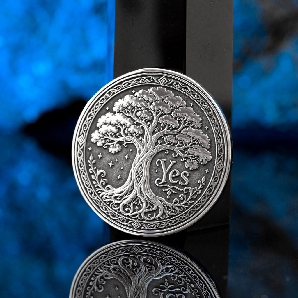 Double-sided tree decision coin with Yes and No sides symbolizing growth, decay, life, and fate