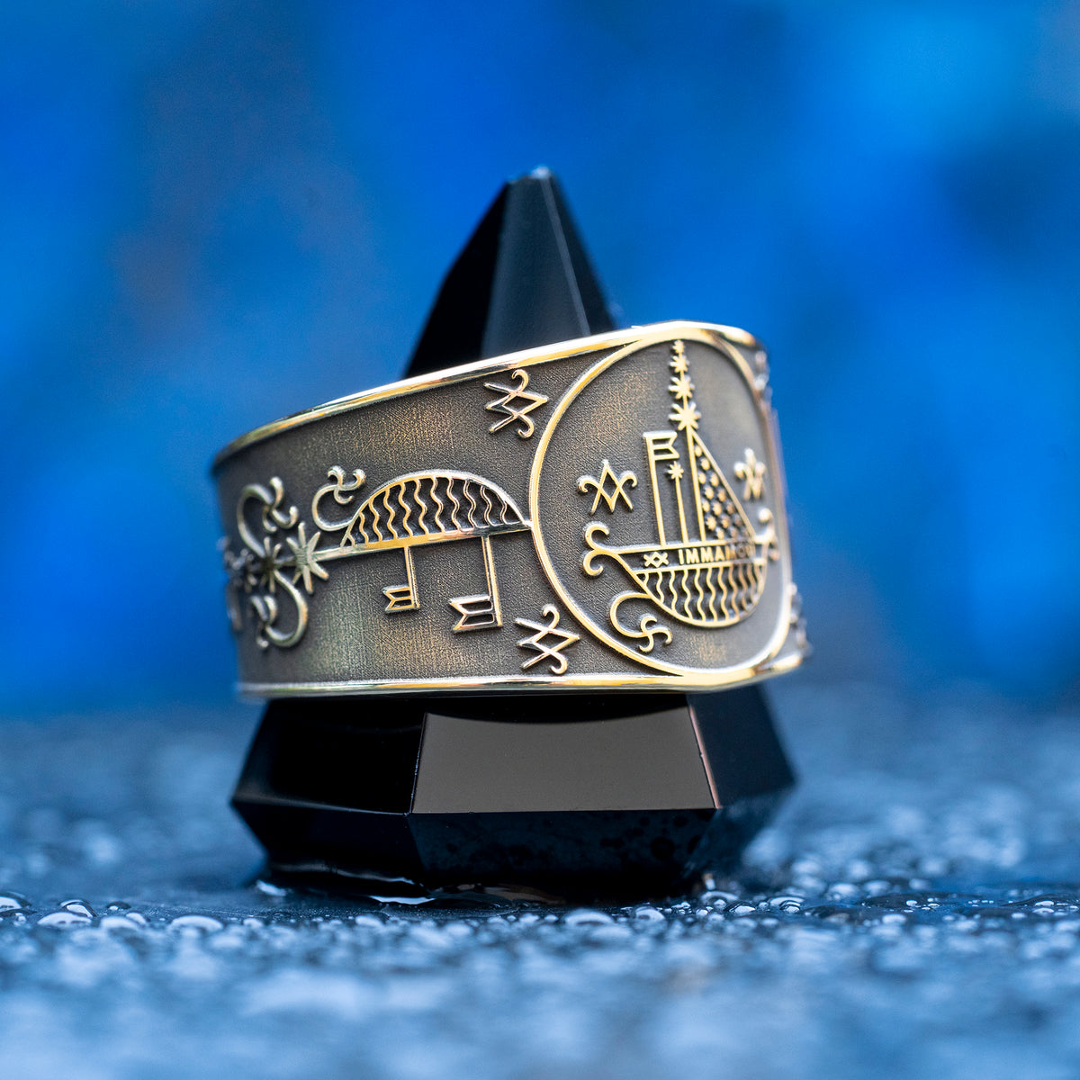 Agwe ring with Haitian Vodou veve symbolism of the sea, sailors, fishermen, ships, ocean protection, safe passage, and spiritual guidance