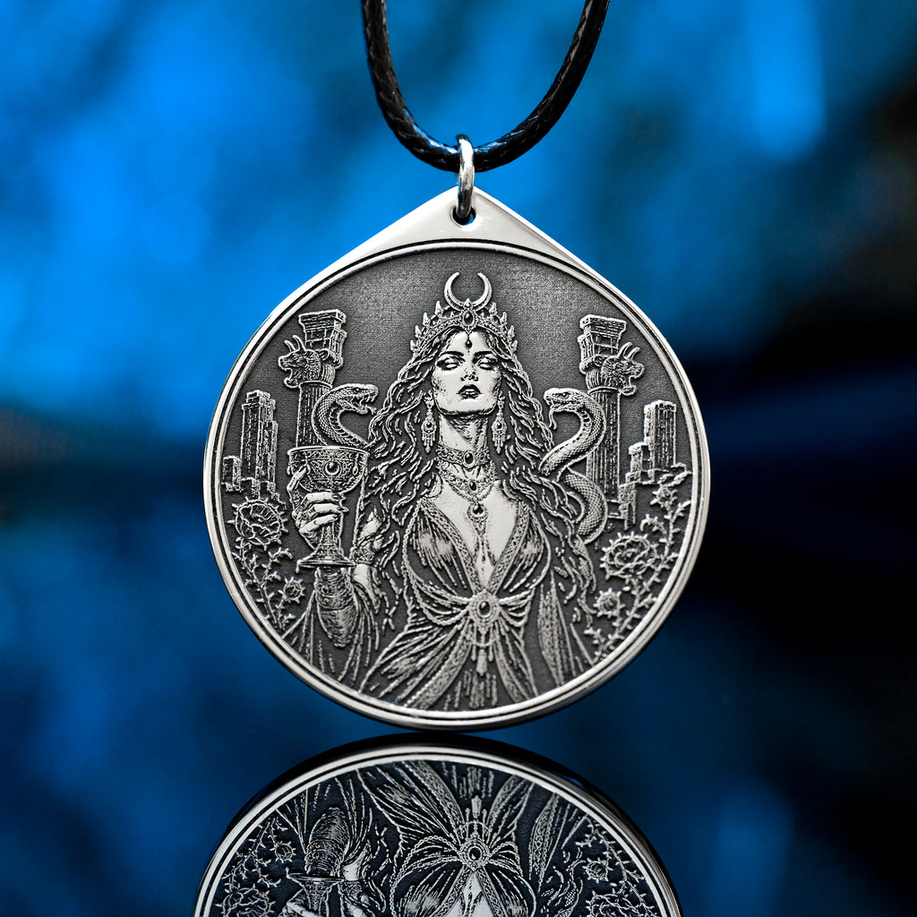 Az Jahi pendant with serpents, ritual chalice and crescent crown in black and white occult engraving style
