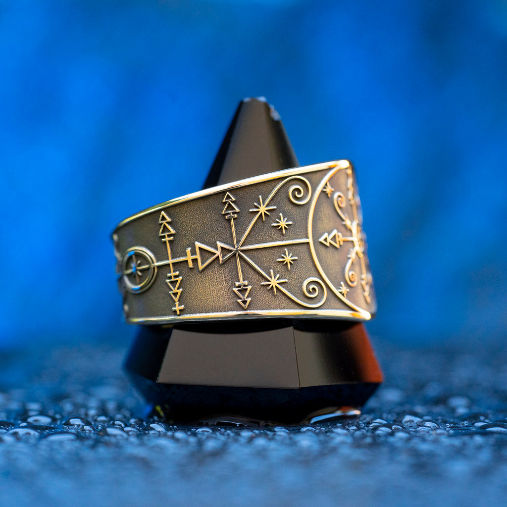 Met Kalfou ring with Vodou veve symbolism of crossroads, night gates, road opening, road closing, and spiritual protection