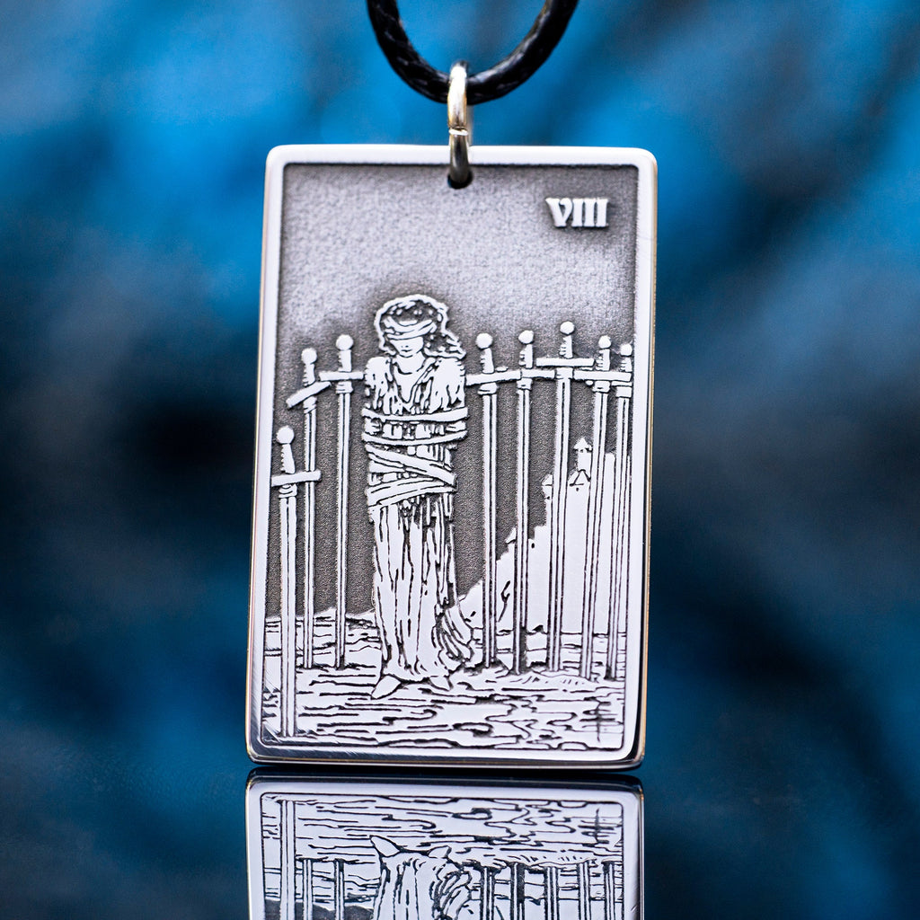 Eight of Swords Tarot Card Pendant: Stainless Steel Occult Amulet
