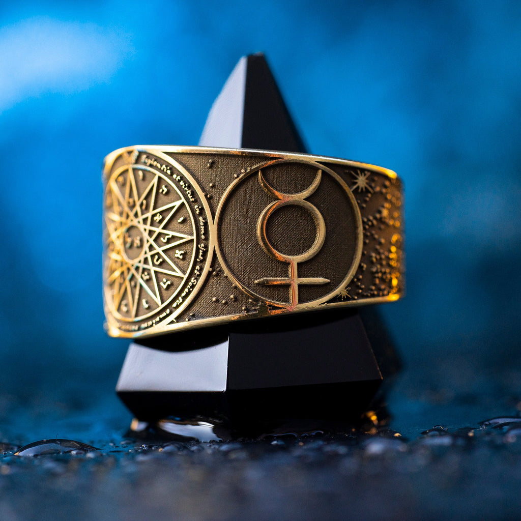 Goetia Fourth Pentacle of Mercury Seal Ring: Kabbalah Amulet Talisman - Adjustable Brass