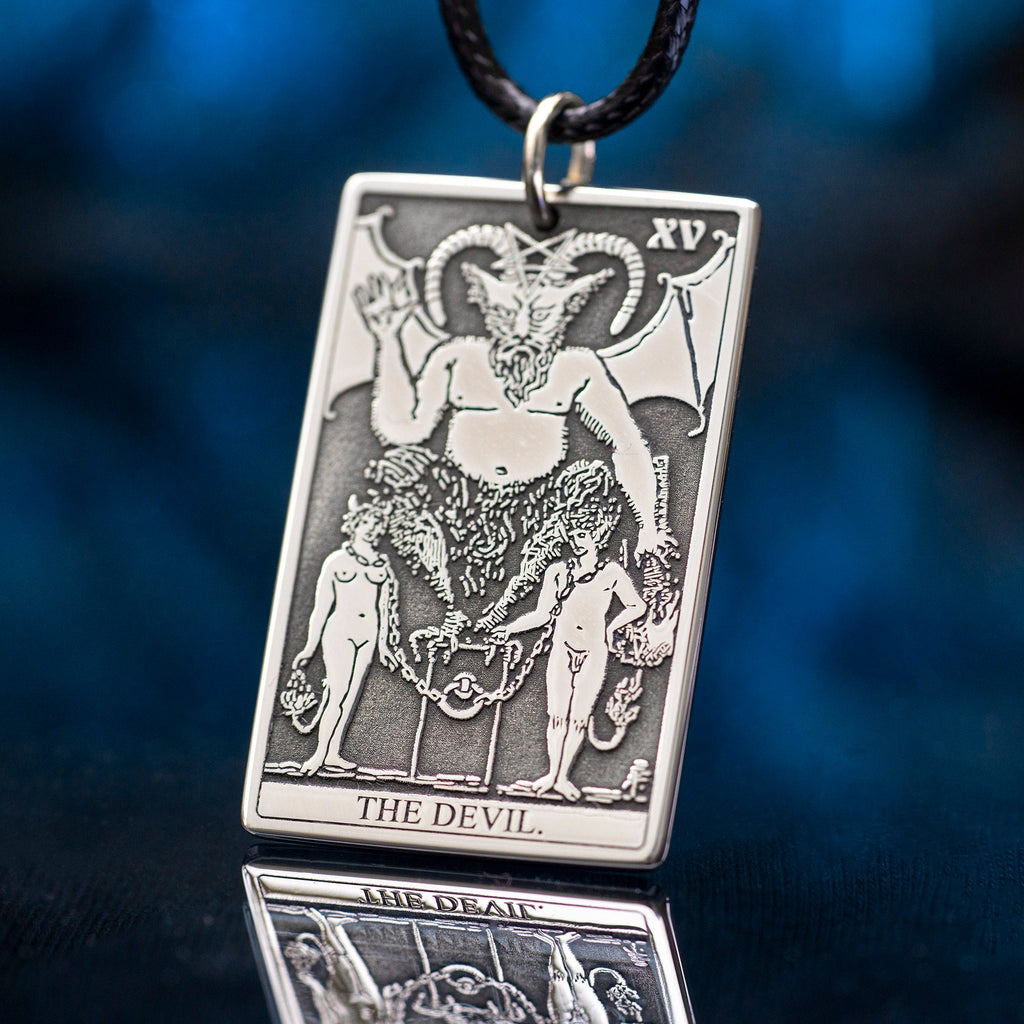 The Devil Tarot Card Pendant: Stainless Steel Occult Amulet