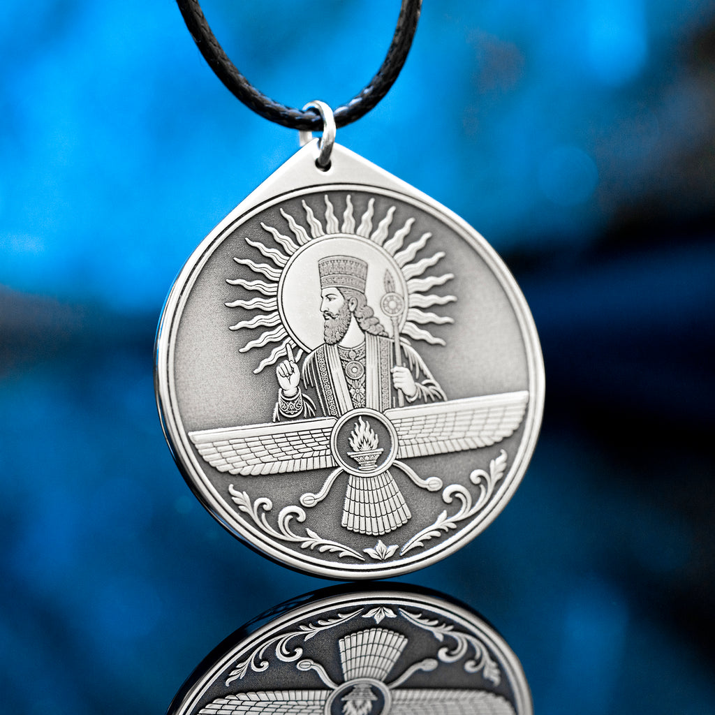 Ahura Mazda pendant with Faravahar style wings, sacred fire and ancient Persian Zoroastrian symbolism
