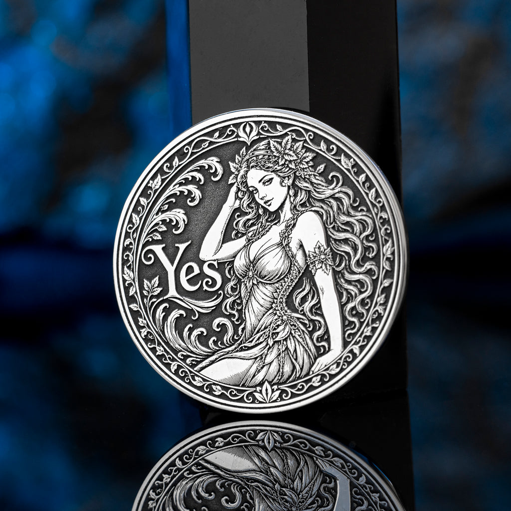 Double-sided fantasy decision coin with a nymph on the Yes side and an imp on the No side