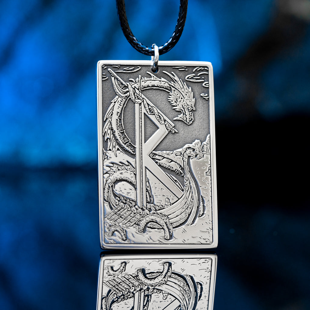 Raidho rune pendant with Elder Futhark symbol engraved as a Viking travel talisman necklace
