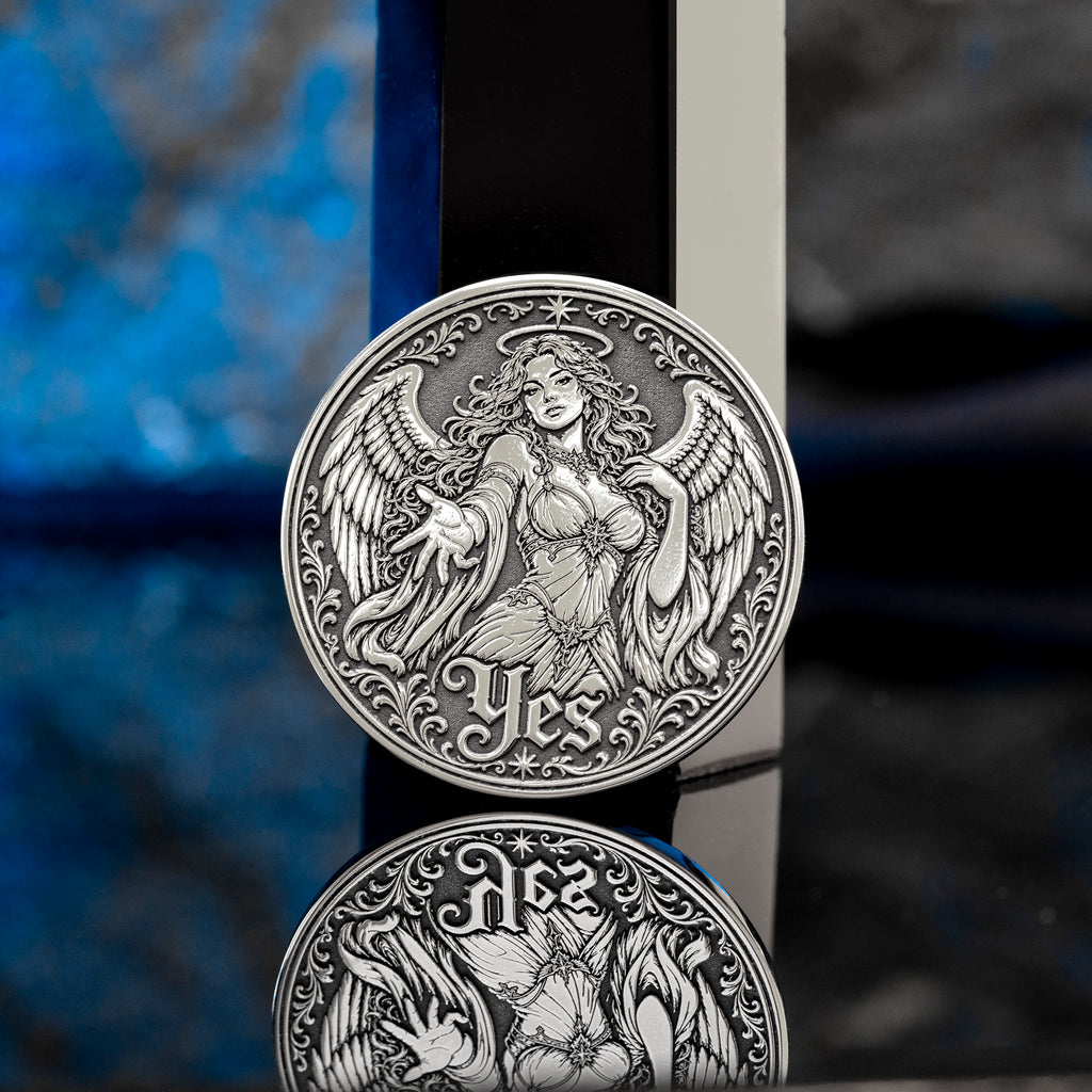 Double-sided angel demon decision coin with Yes and No sides for oracle-style choices