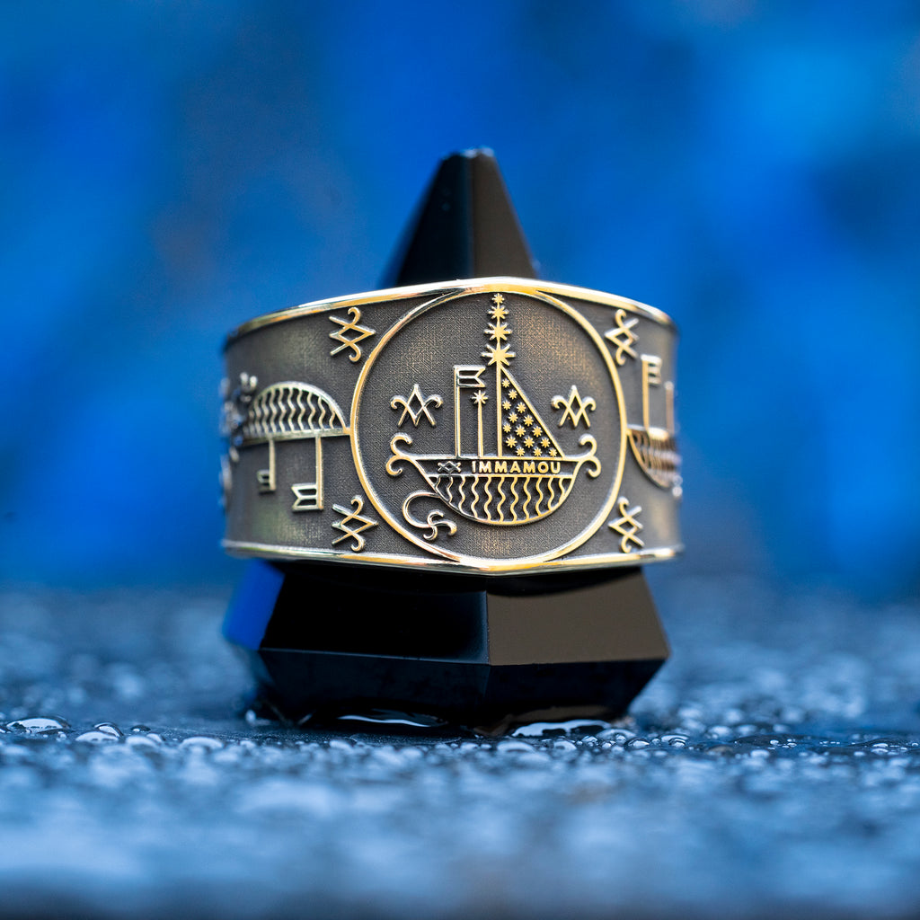 Agwe ring with Haitian Vodou veve symbolism of the sea, sailors, fishermen, ships, ocean protection, safe passage, and spiritual guidance
