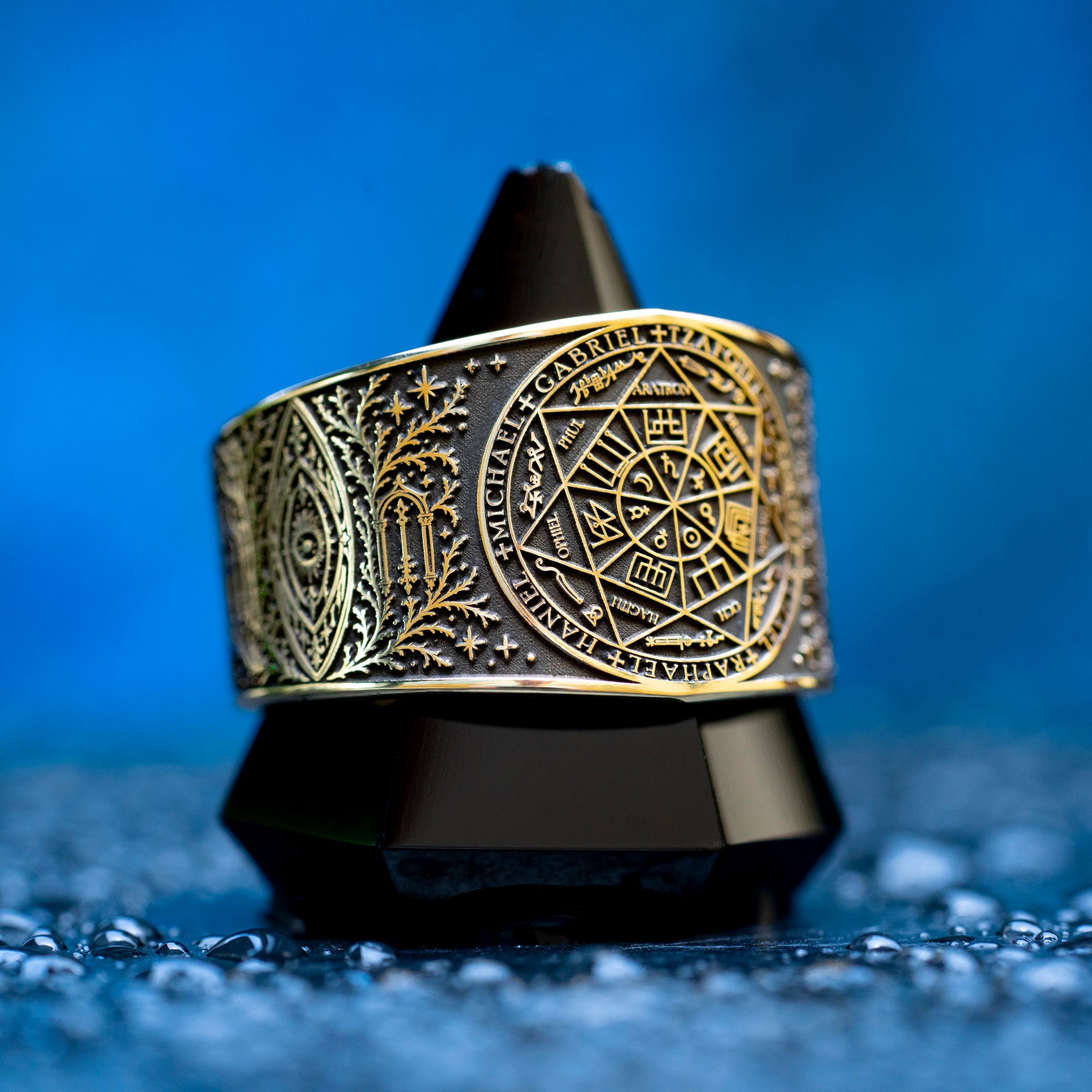 Celestial archangel seal ring with an angelic portal design and thorned vines, inspired by guardian angels, occult talismans, and the path through thorns to the stars