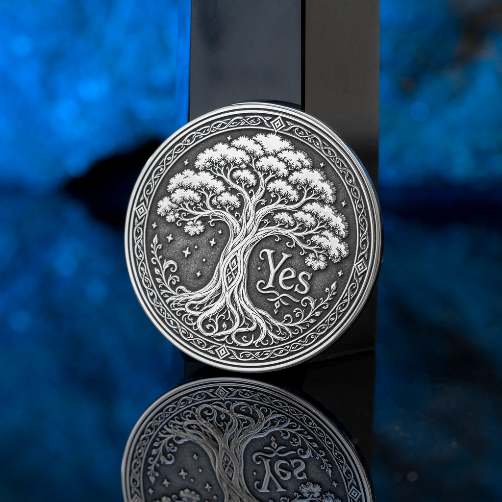 Double-sided tree decision coin with Yes and No sides symbolizing growth, decay, life, and fate