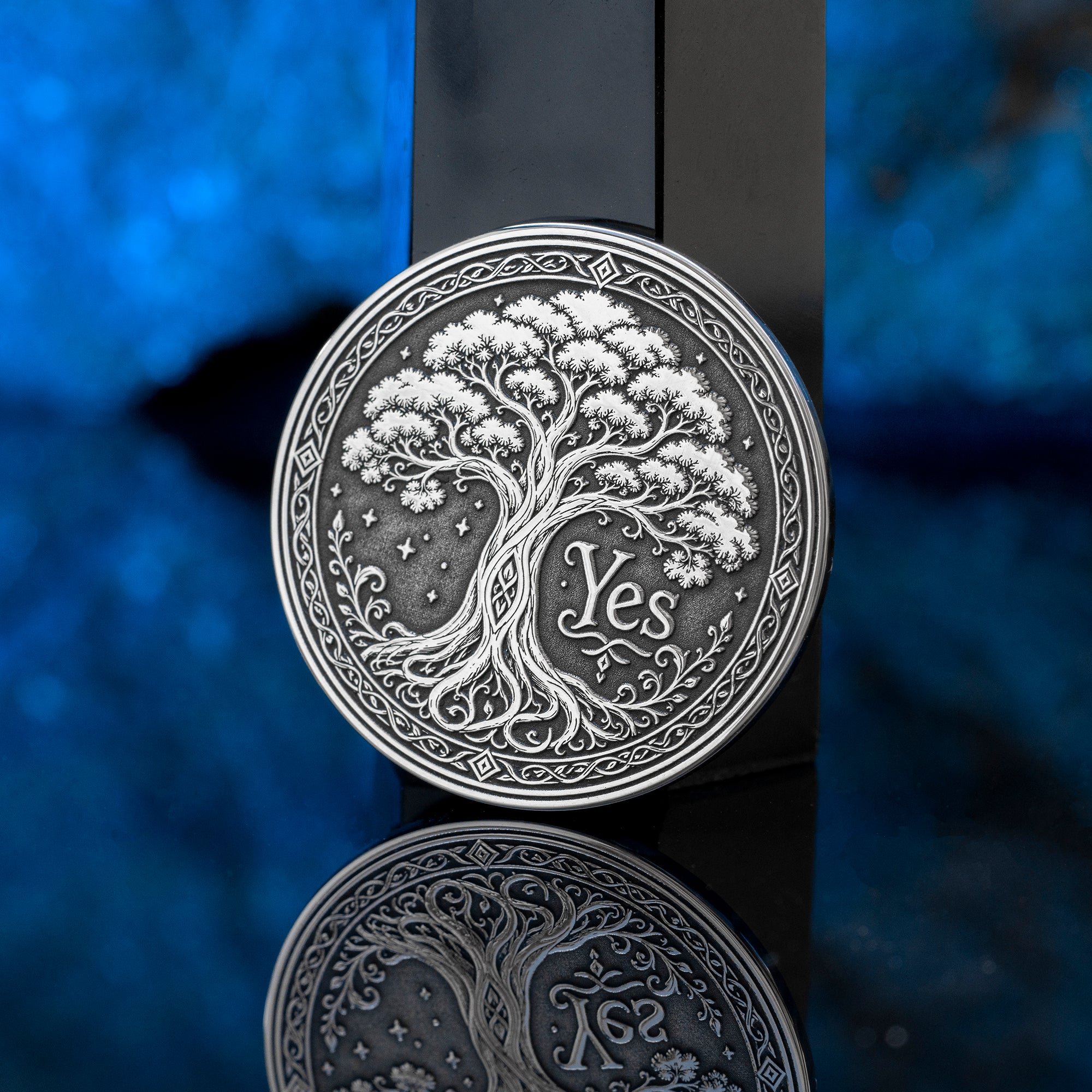 Double-sided tree decision coin with Yes and No sides symbolizing growth, decay, life, and fate