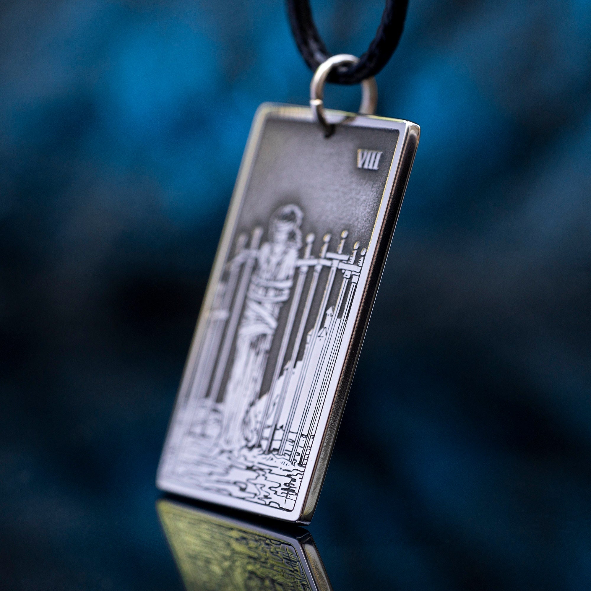 Eight of Swords Tarot Card Pendant: Stainless Steel Occult Amulet