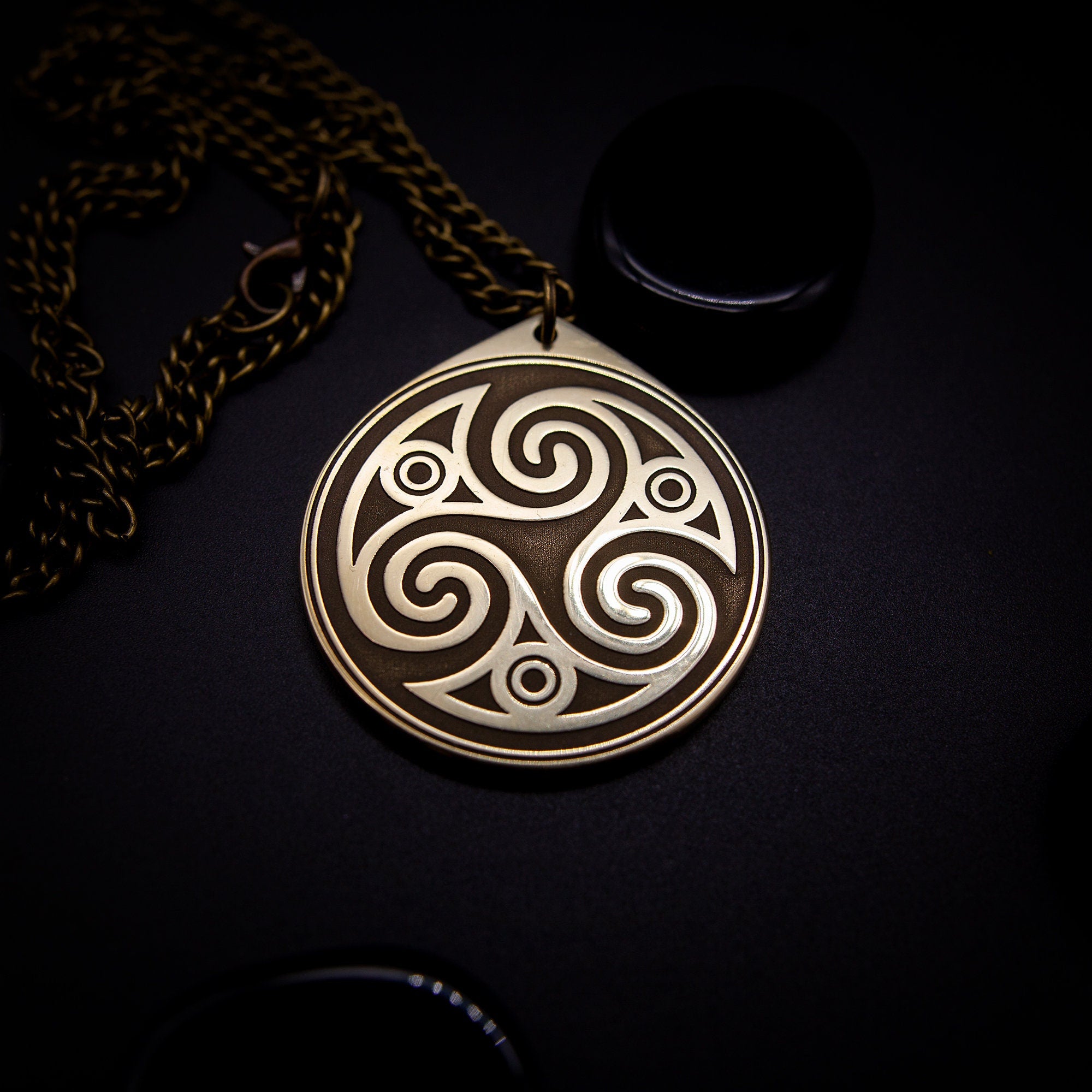 Triskele Pendant: Brass Celtic Triple Spiral Amulet