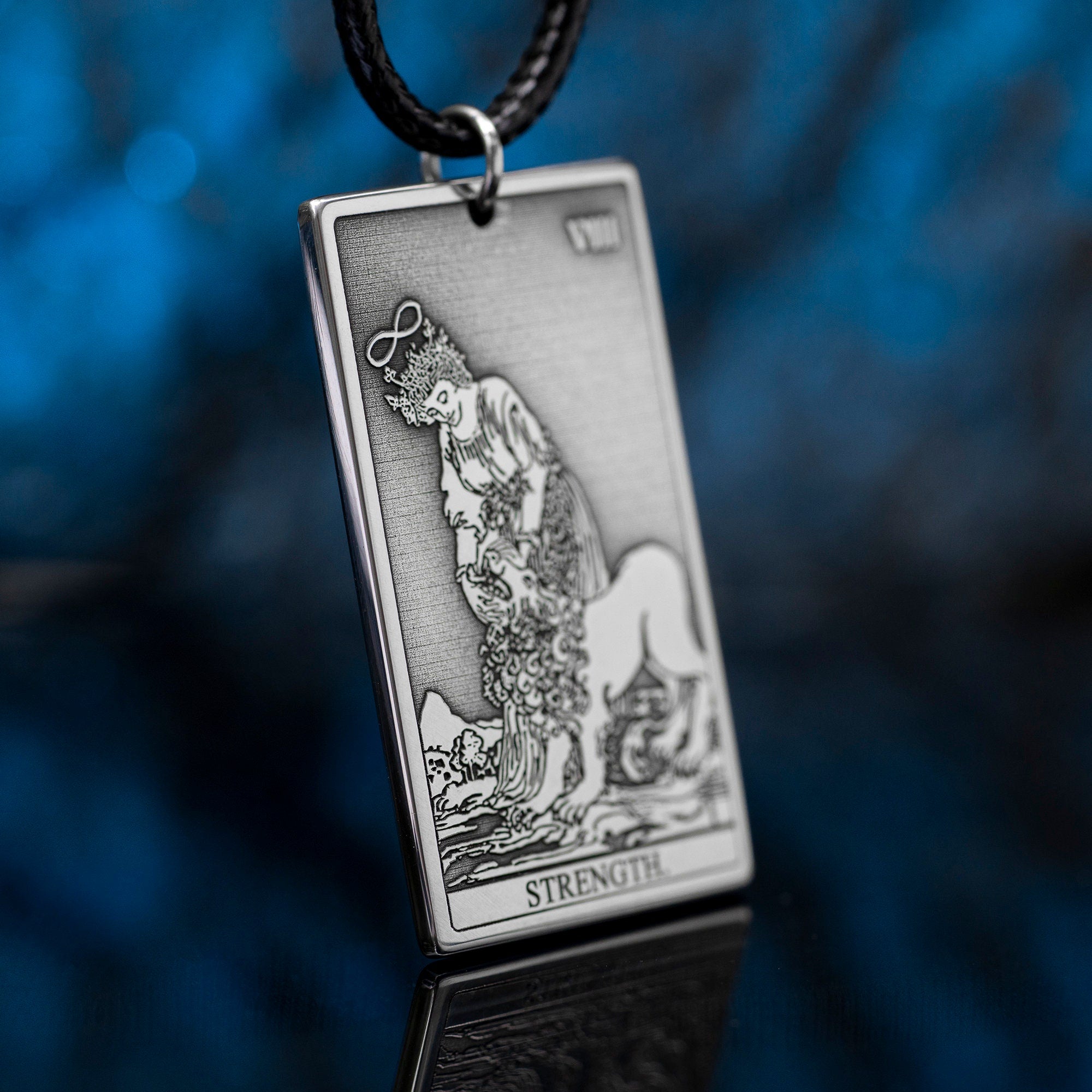 Strength Tarot Card Pendant: Stainless Steel Occult Amulet