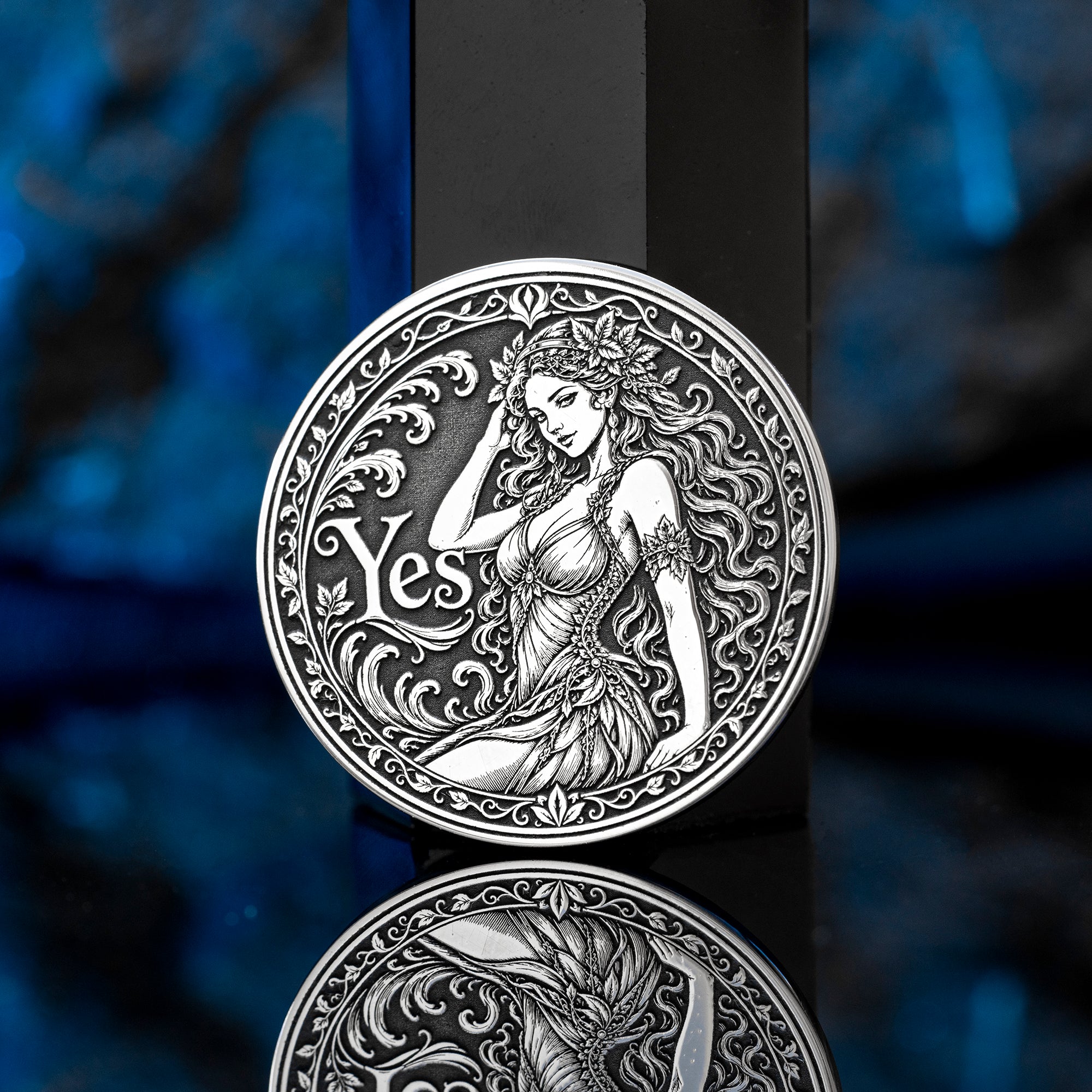 Double-sided fantasy decision coin with a nymph on the Yes side and an imp on the No side
