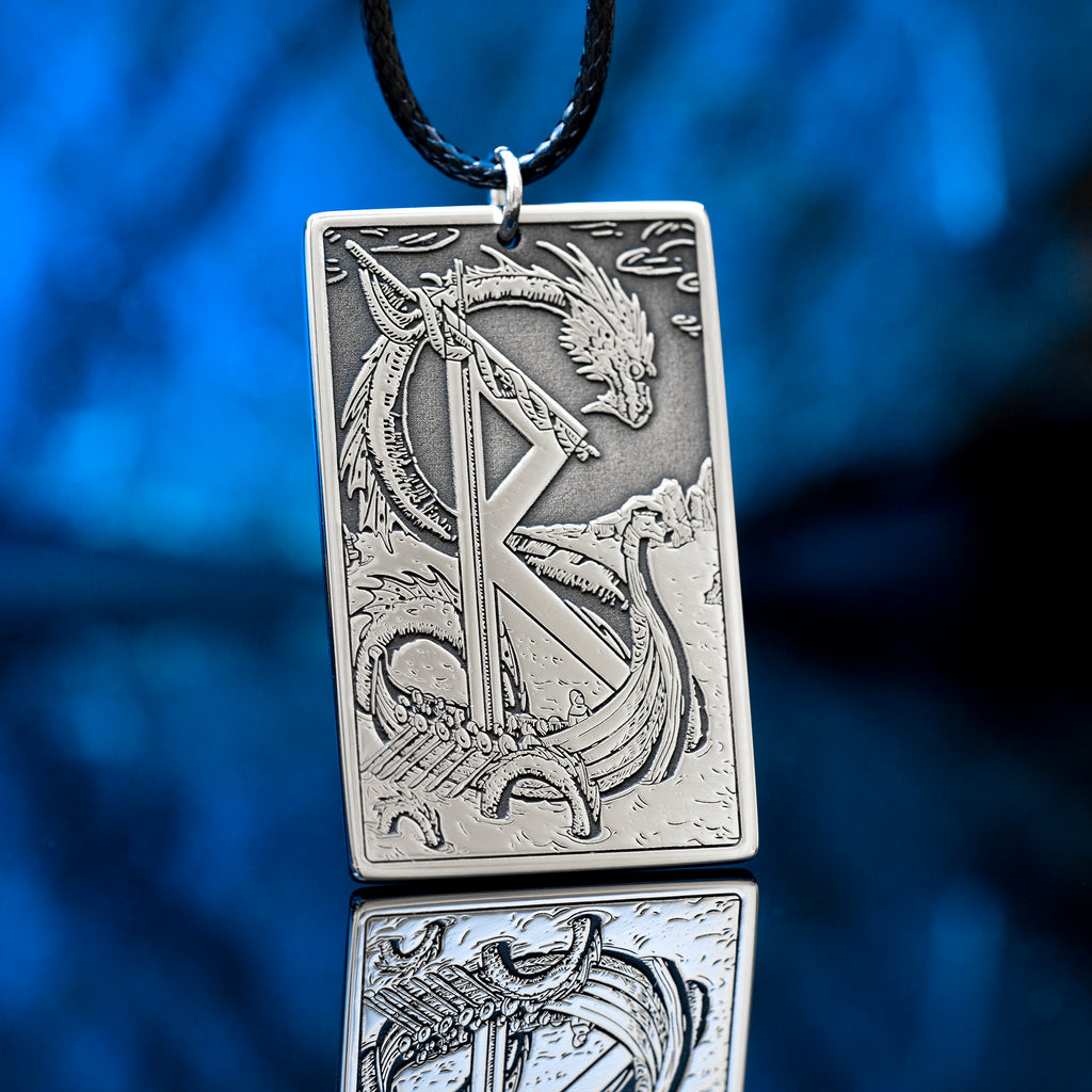 Raidho rune pendant with Elder Futhark symbol engraved as a Viking travel talisman necklace
