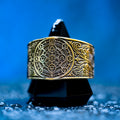 Gothic alchemical ring with Fire, Water, Air, Earth, seven planetary metal symbols, and detailed occult engraving