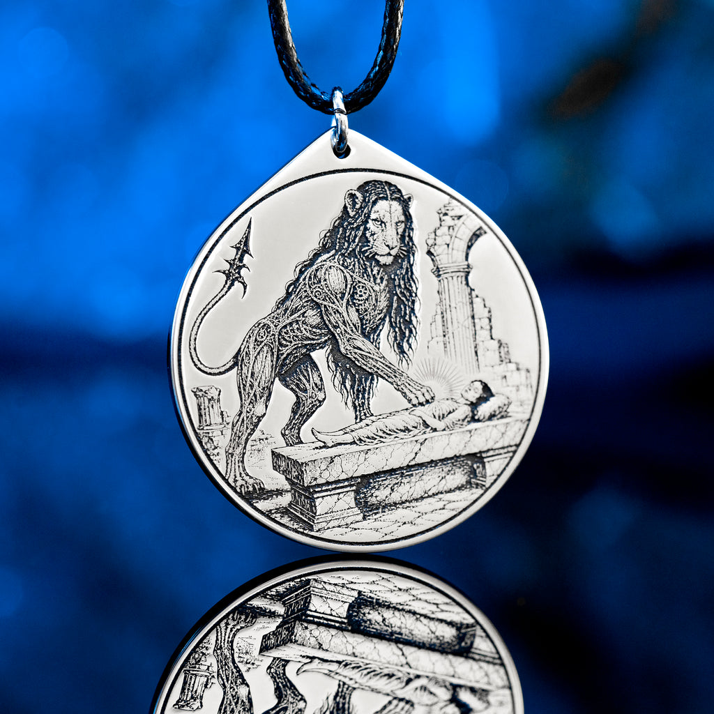 Marbas seal pendant with engraved Ars Goetia sigil associated with healing symbolism, secrets, and mechanical arts.