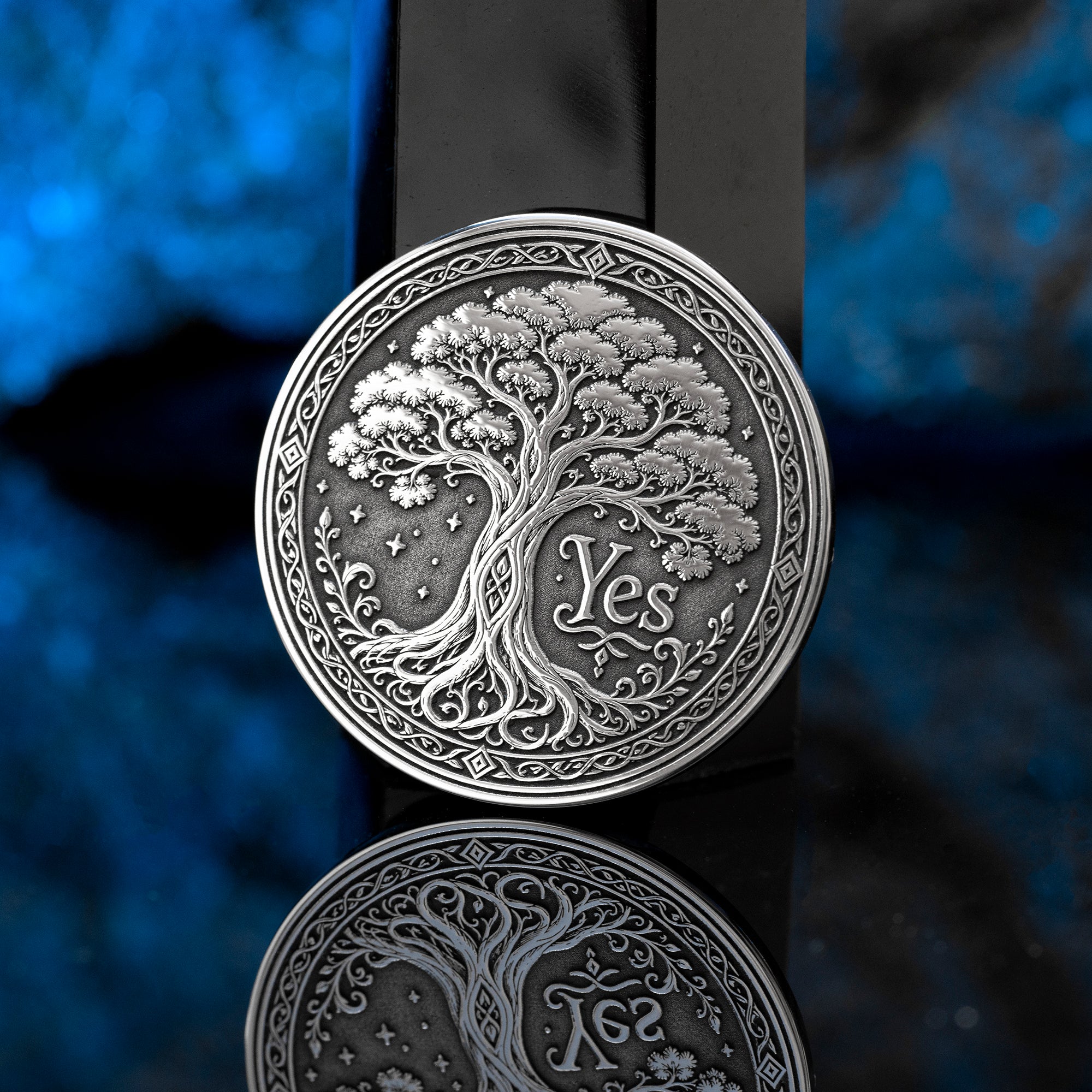 Double-sided tree decision coin with Yes and No sides symbolizing growth, decay, life, and fate