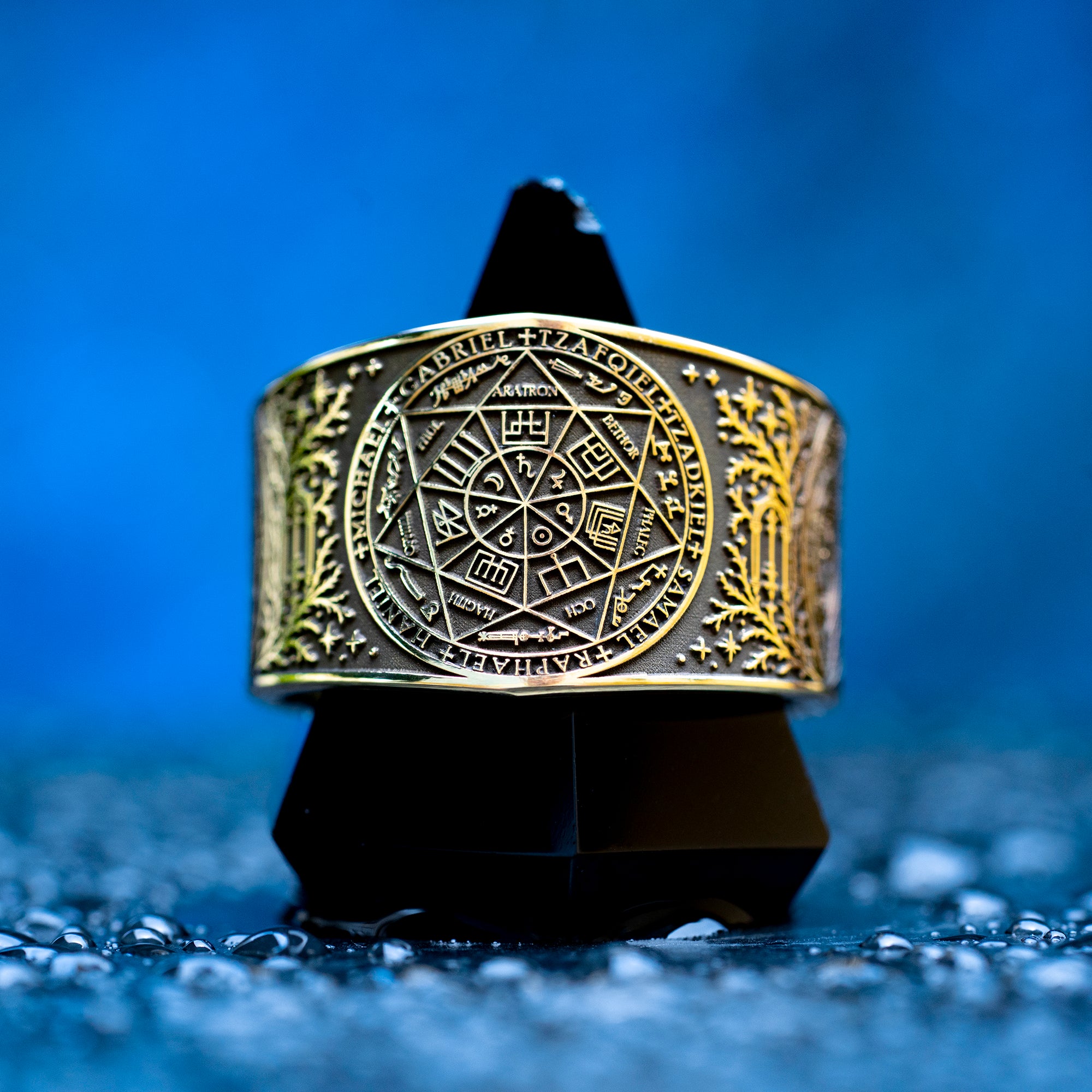Celestial archangel seal ring with an angelic portal design and thorned vines, inspired by guardian angels, occult talismans, and the path through thorns to the stars