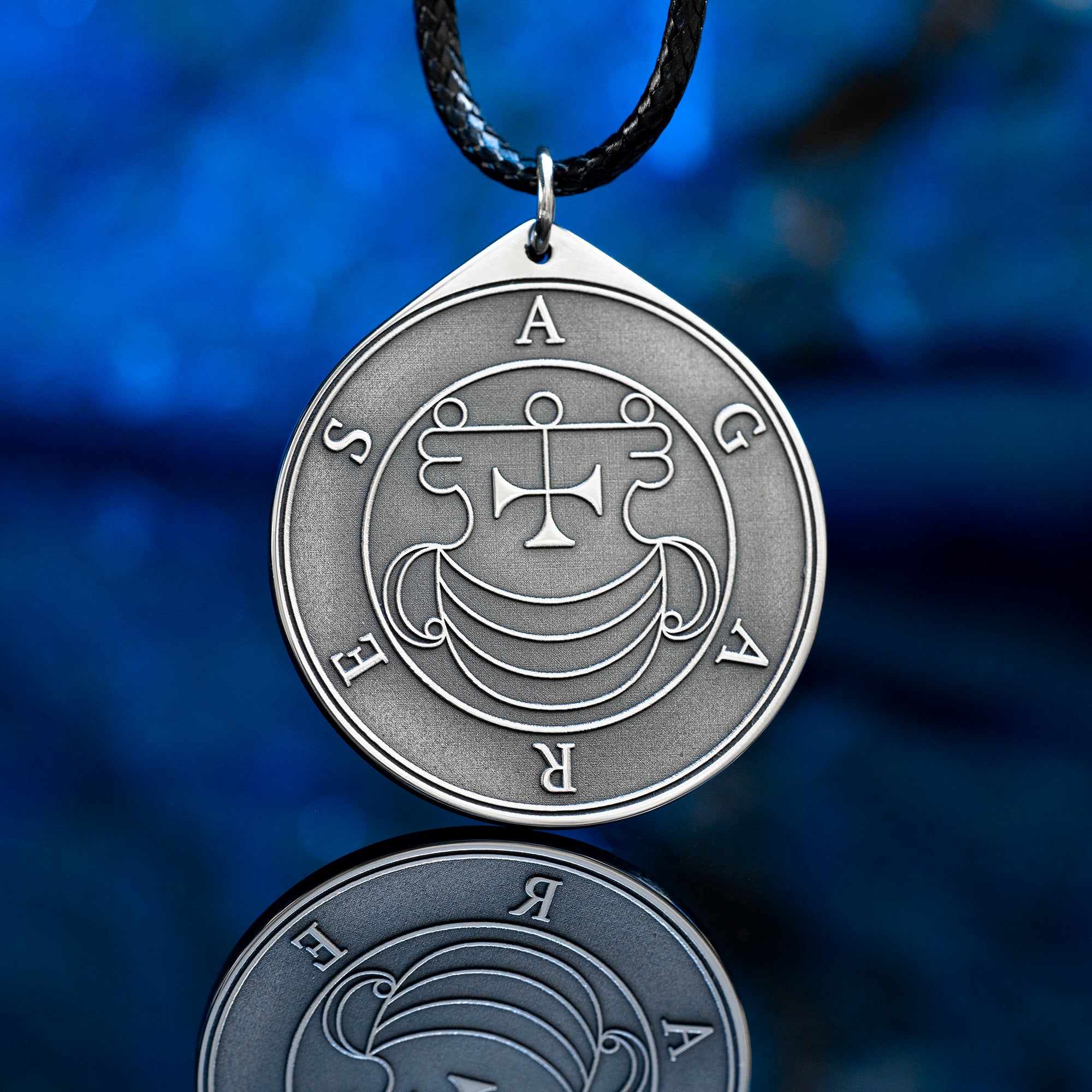Double-sided Agares pendant with Ars Goetia seal on one side and Agares portrait on the other