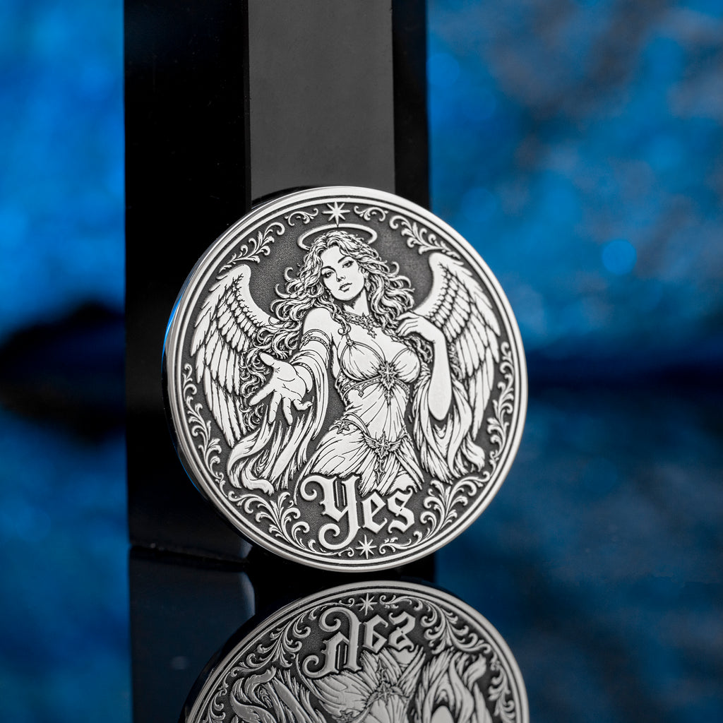 Double-sided angel demon decision coin with Yes and No sides for oracle-style choices