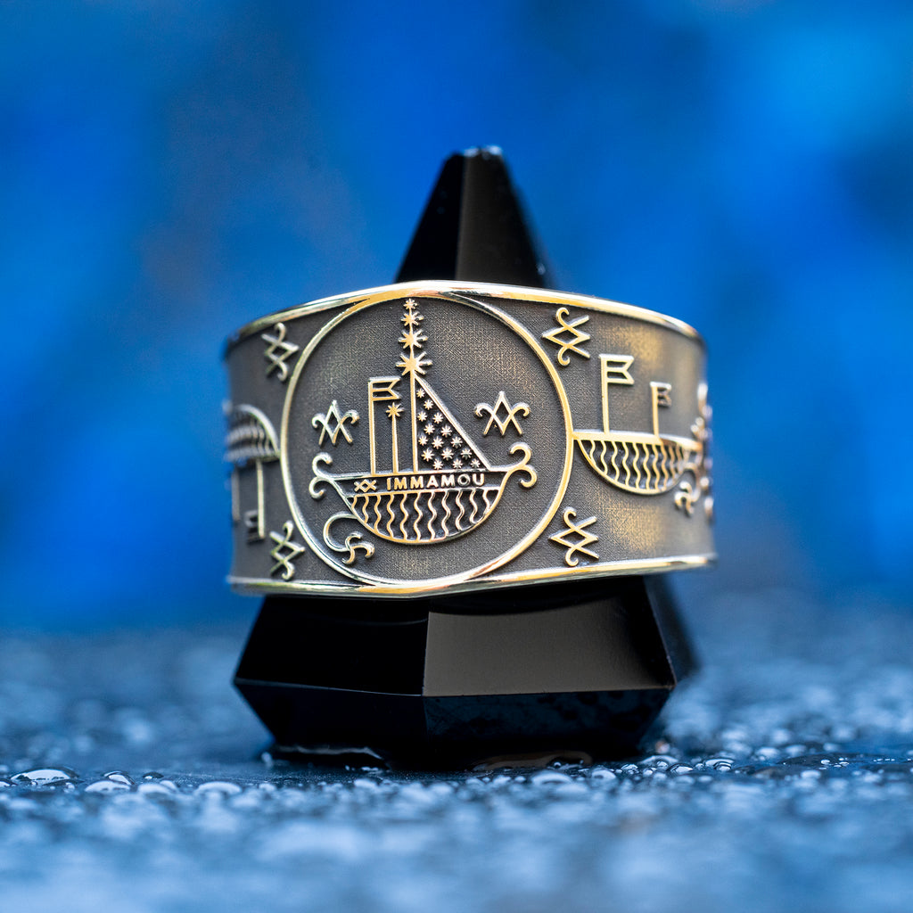 Agwe ring with Haitian Vodou veve symbolism of the sea, sailors, fishermen, ships, ocean protection, safe passage, and spiritual guidance