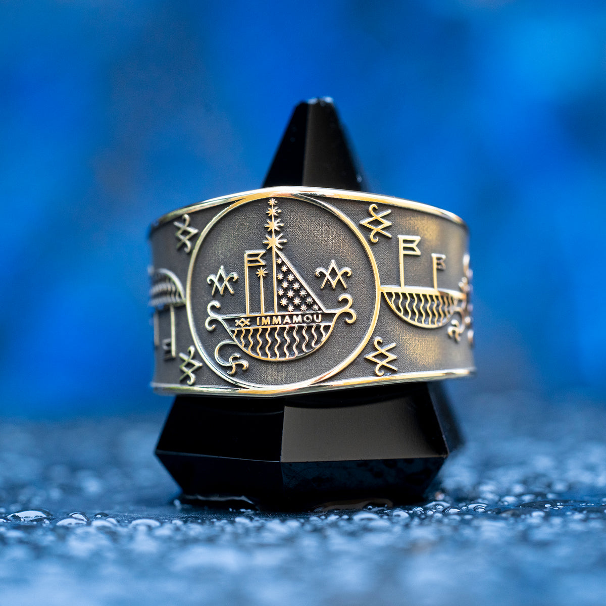 Agwe ring with Haitian Vodou veve symbolism of the sea, sailors, fishermen, ships, ocean protection, safe passage, and spiritual guidance