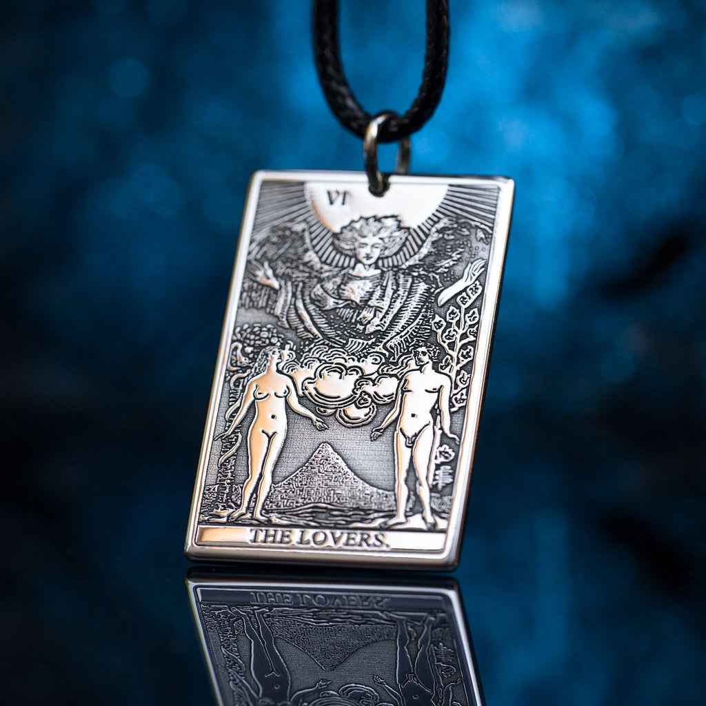 The Lovers Tarot Card Pendant: Stainless Steel Occult Amulet