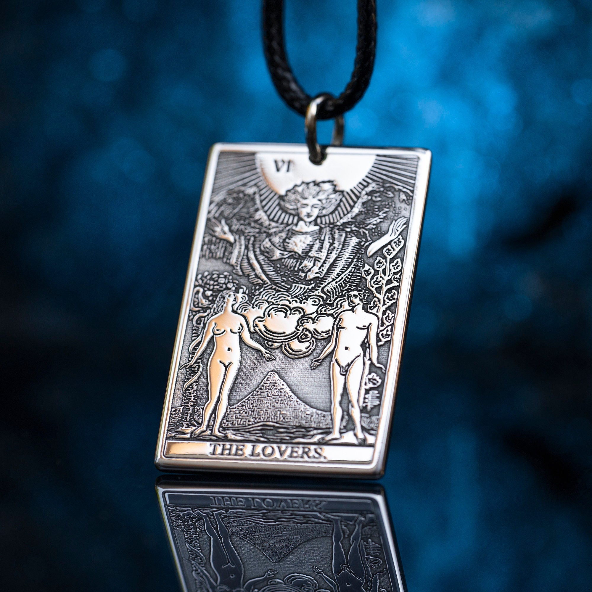 The Lovers Tarot Card Pendant: Stainless Steel Occult Amulet