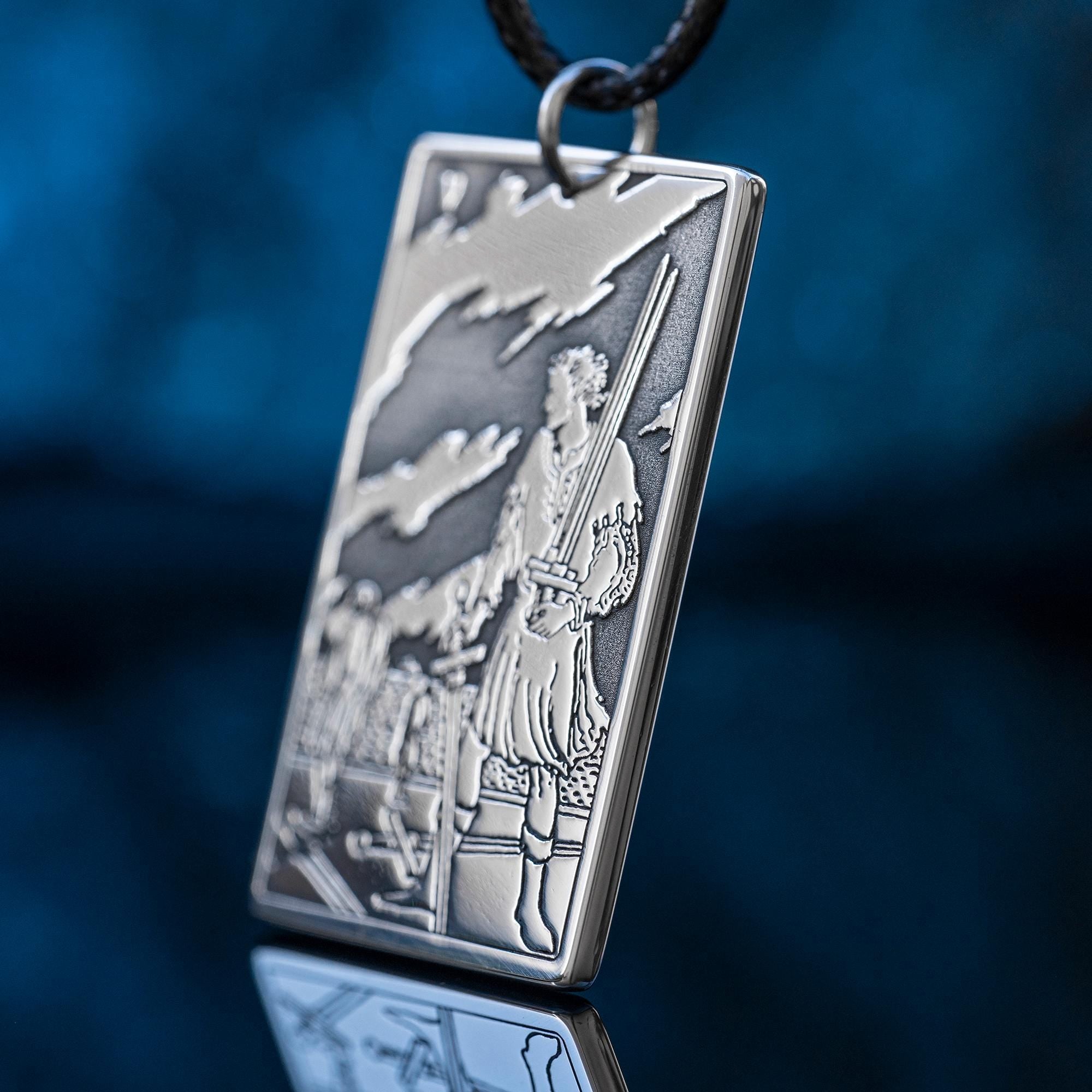 Five of Swords Tarot Card Pendant: Stainless Steel Occult Amulet