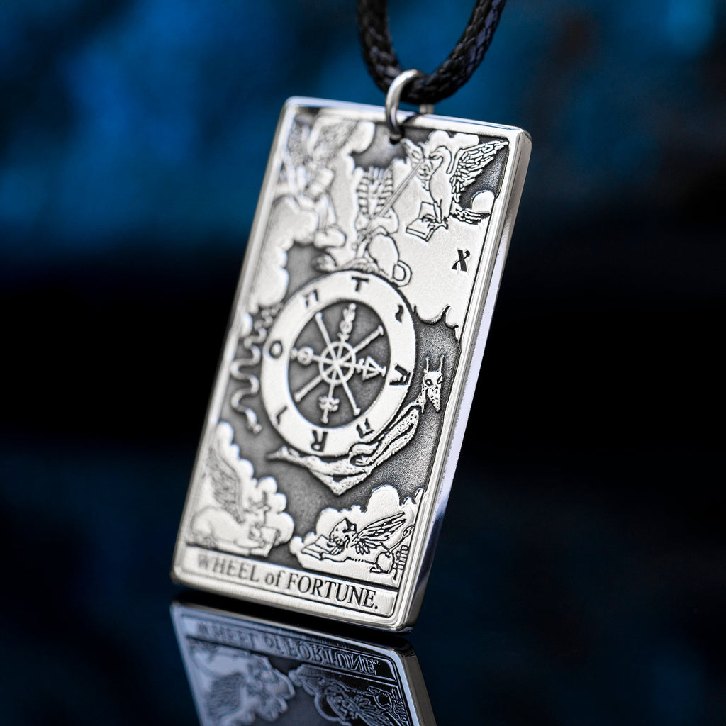 Wheel of Fortune Tarot Card Pendant: Stainless Steel Occult Amulet