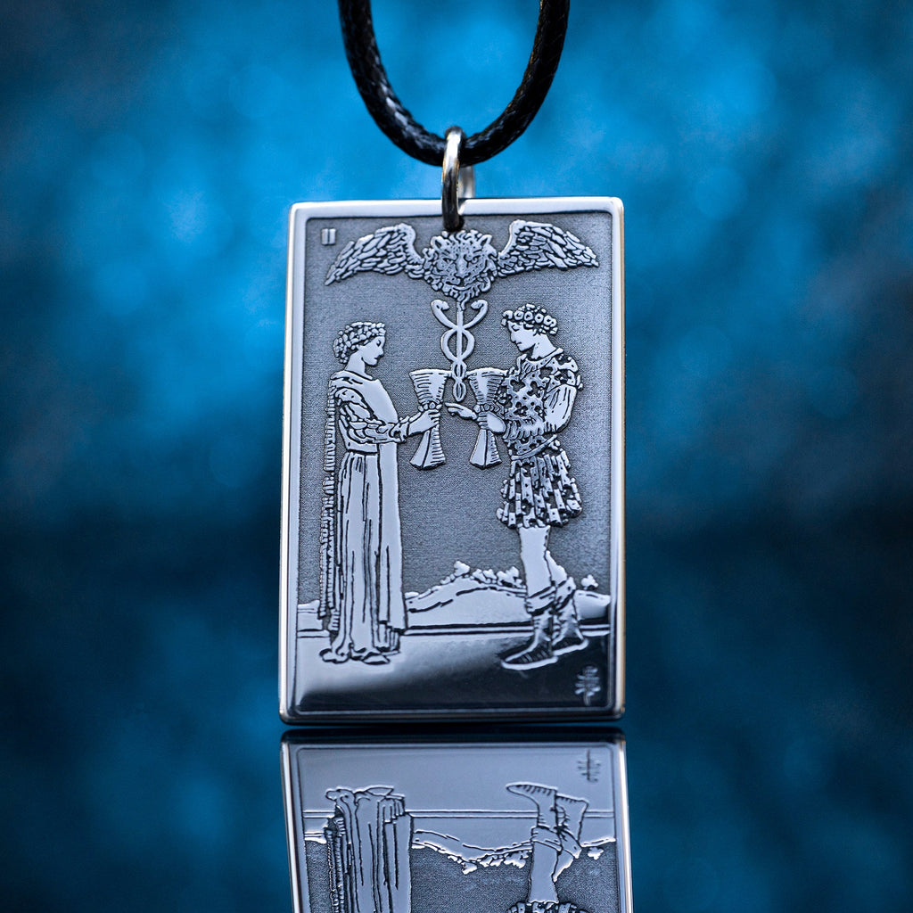 Two of Cups Tarot Card Pendant: Stainless Steel Occult Amulet