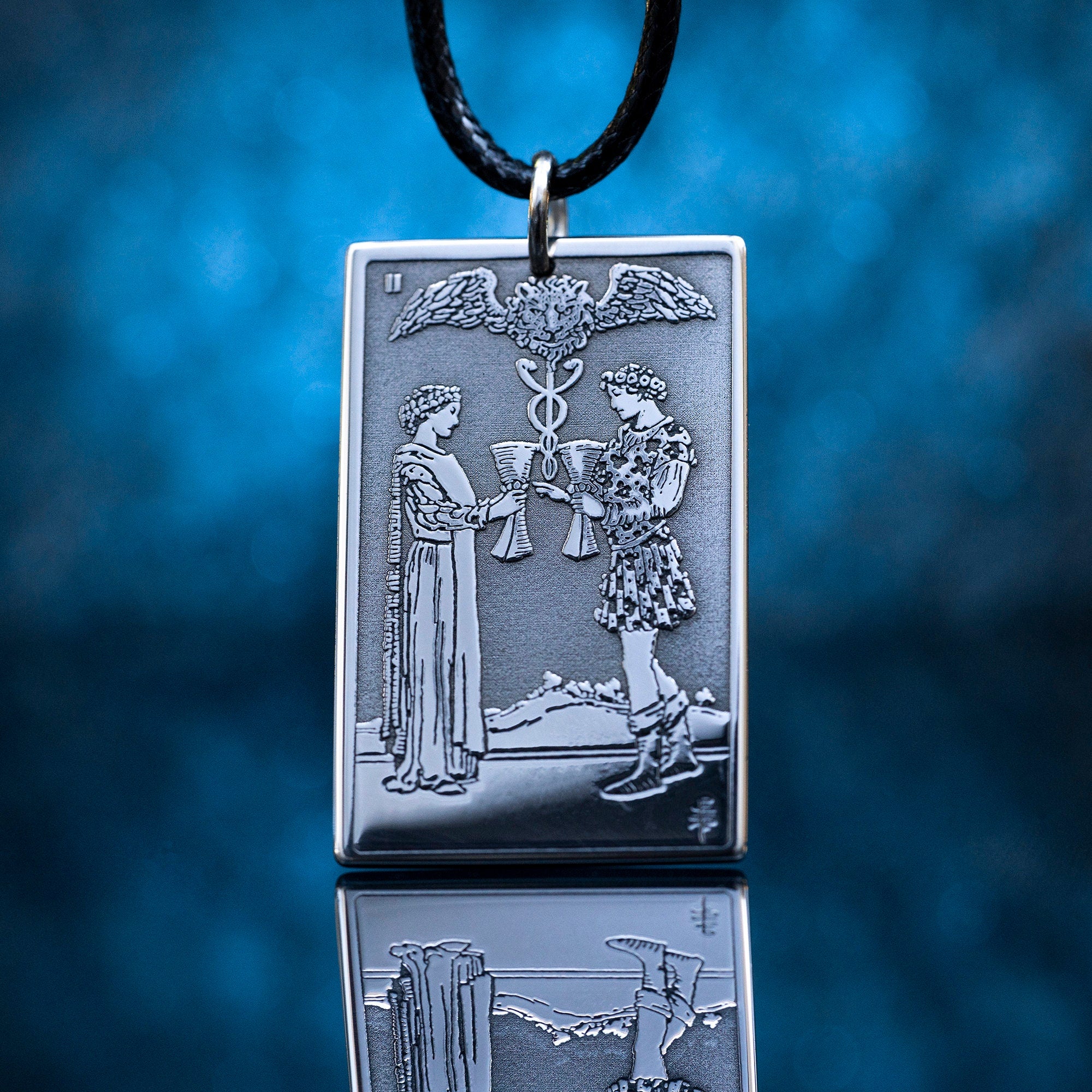 Two of Cups Tarot Card Pendant: Stainless Steel Occult Amulet