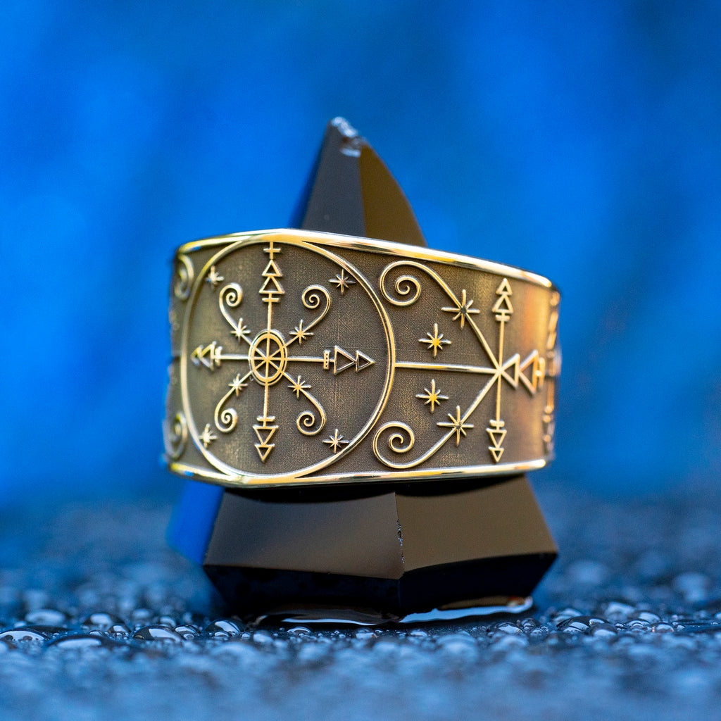 Met Kalfou ring with Vodou veve symbolism of crossroads, night gates, road opening, road closing, and spiritual protection