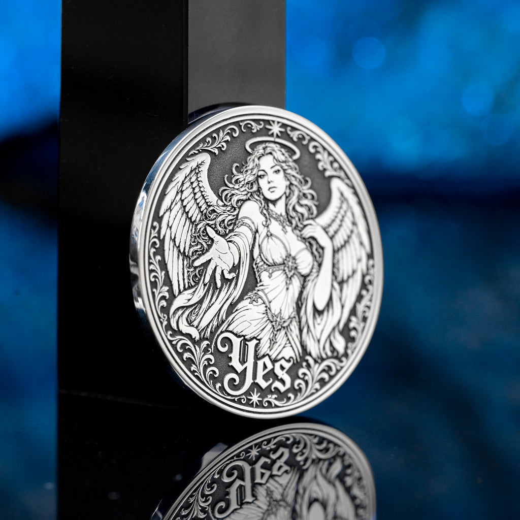 Double-sided angel demon decision coin with Yes and No sides for oracle-style choices