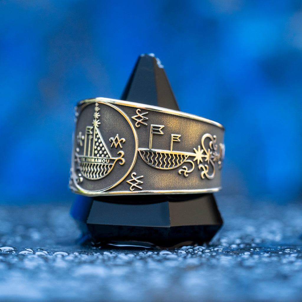 Agwe ring with Haitian Vodou veve symbolism of the sea, sailors, fishermen, ships, ocean protection, safe passage, and spiritual guidance