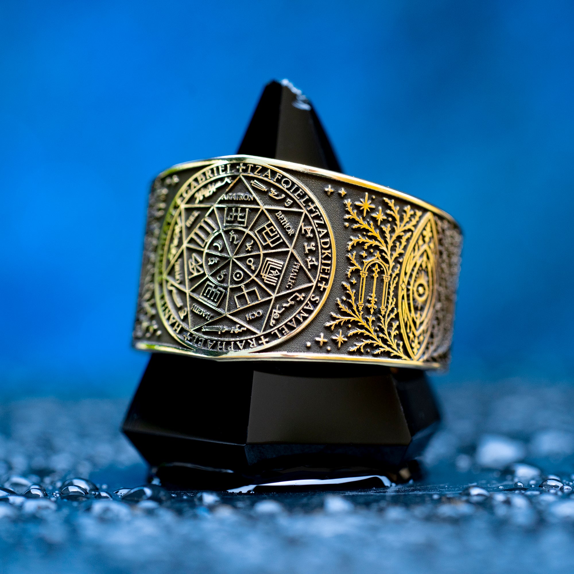 Celestial archangel seal ring with an angelic portal design and thorned vines, inspired by guardian angels, occult talismans, and the path through thorns to the stars