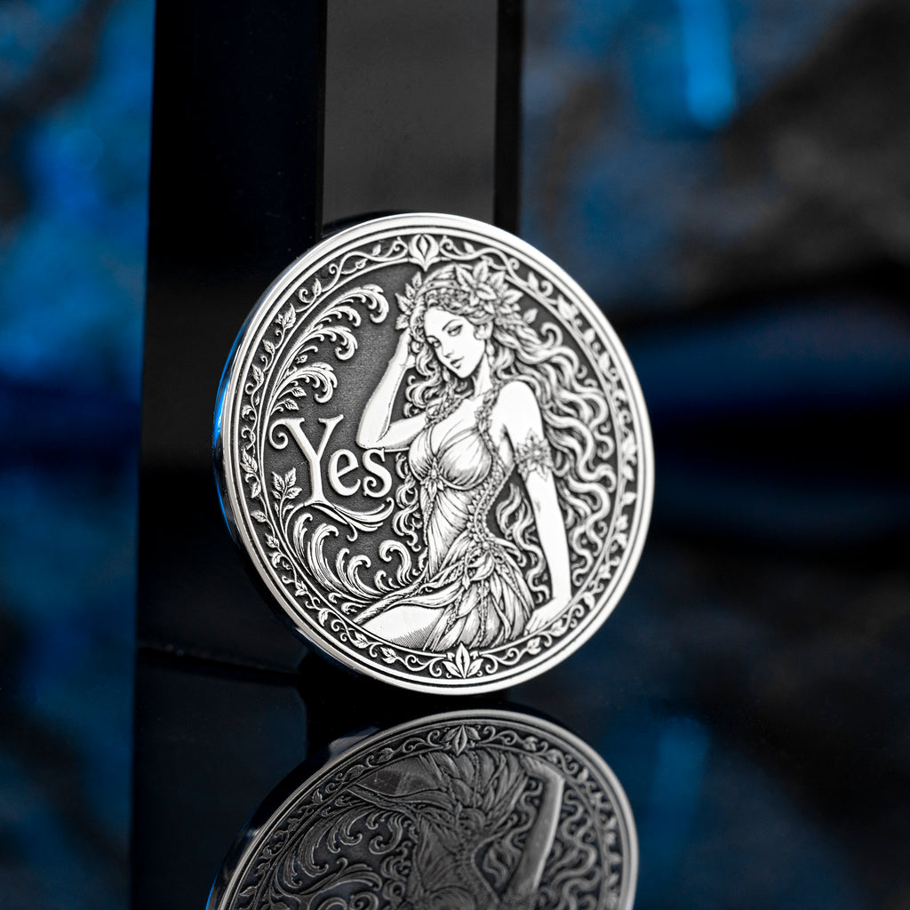 Double-sided fantasy decision coin with a nymph on the Yes side and an imp on the No side