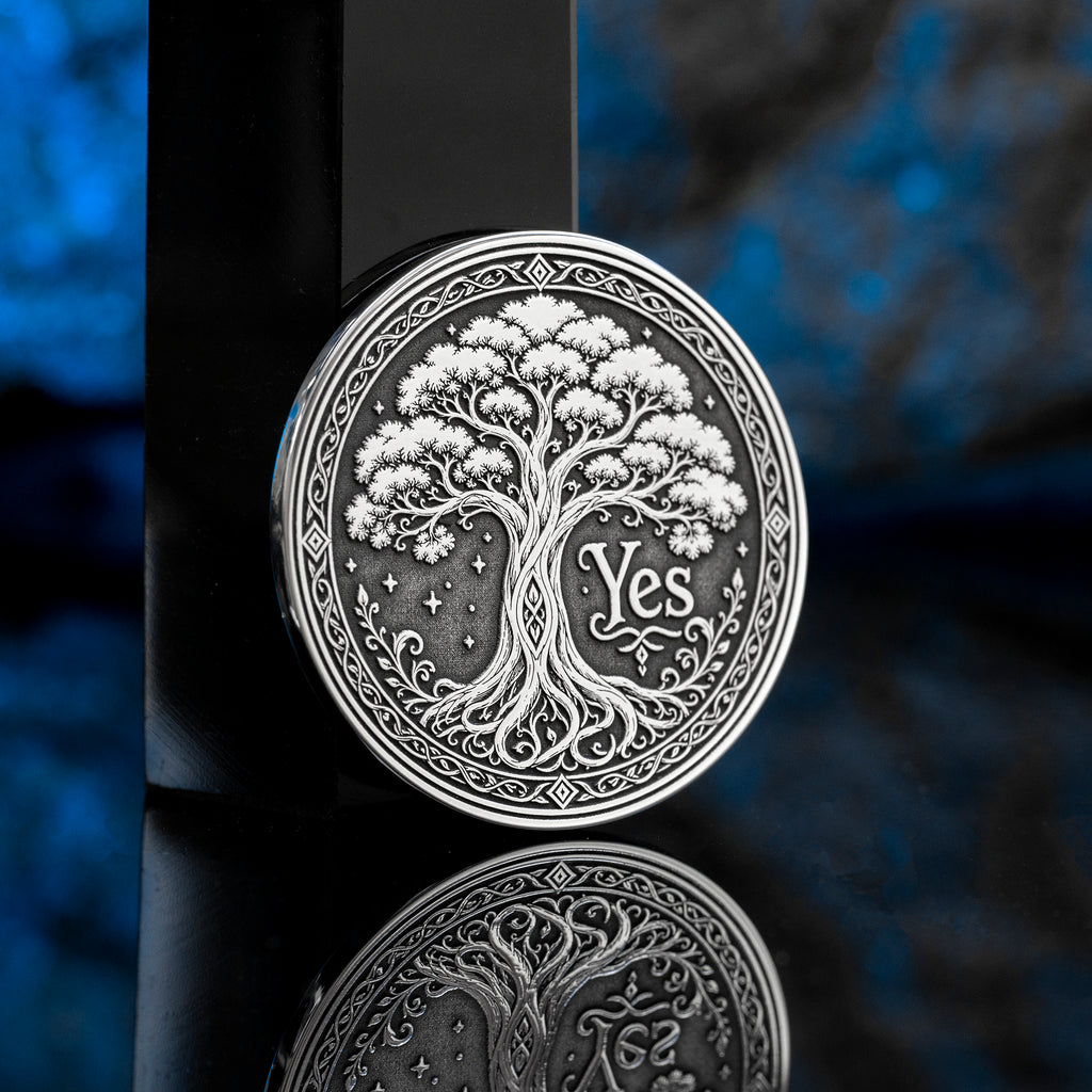 Double-sided tree decision coin with Yes and No sides symbolizing growth, decay, life, and fate