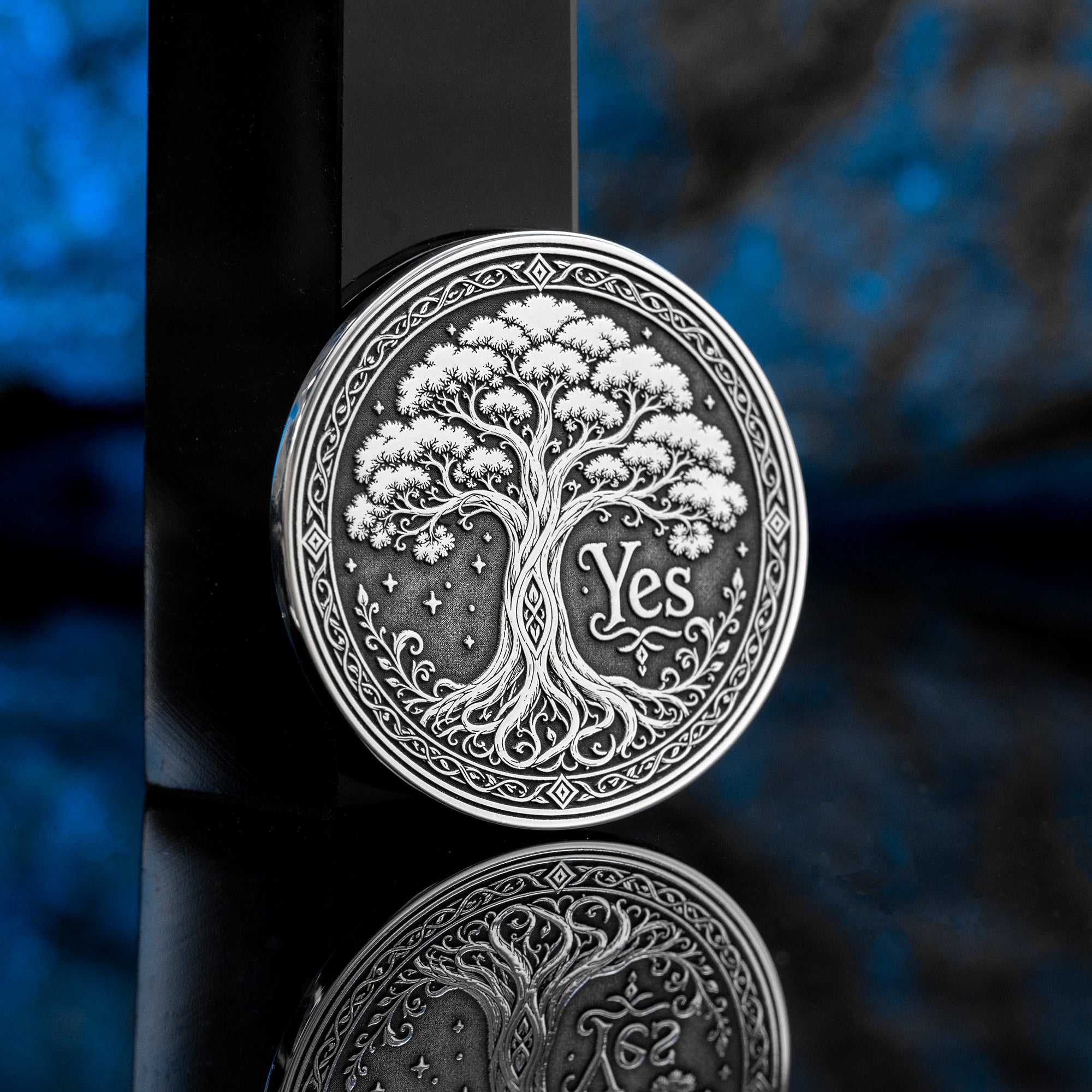 Double-sided tree decision coin with Yes and No sides symbolizing growth, decay, life, and fate